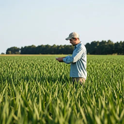 A farmer inspecting crops in a field